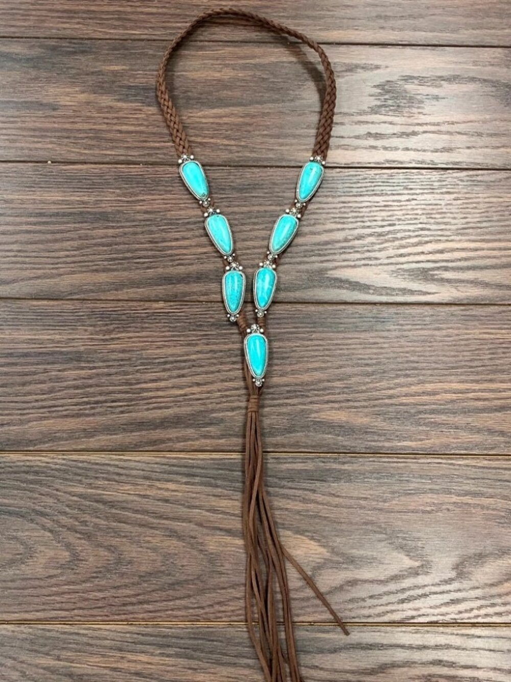Handmade Turquoise Suede Tassel Necklace Western Cowgirl Fringe Rodeo Boho